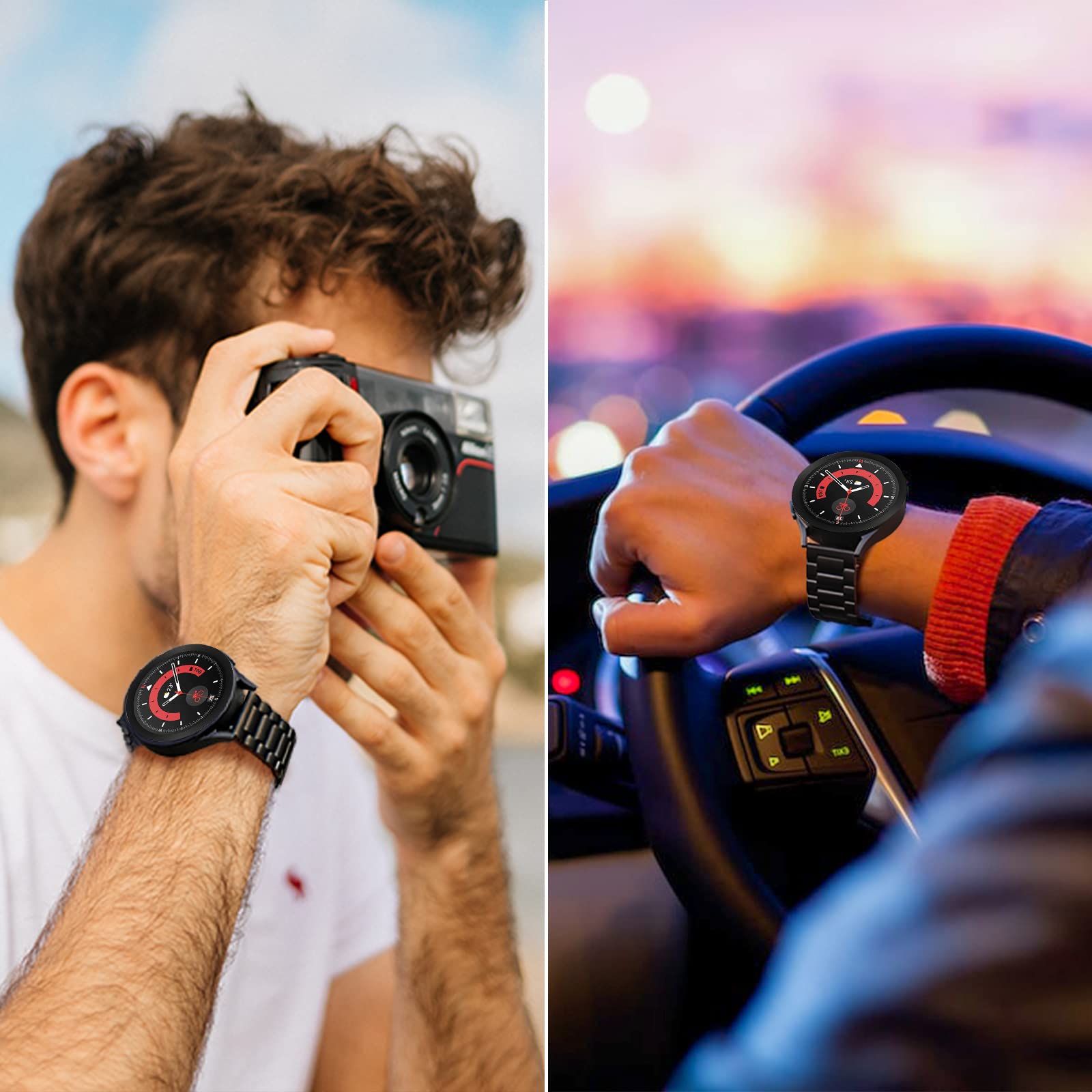 SUNDAREE Compatibile con Cinturino Samsung Galaxy 6 5 4 44MM 40MM/Watch 5 Pro 45MM LTE/Watch 6 4 Classic 47MM 46MM 43MM 42MM/Active 2,20MM Nero Uomo Acciaio Metallo Orologio Intelligente Ricambio Band