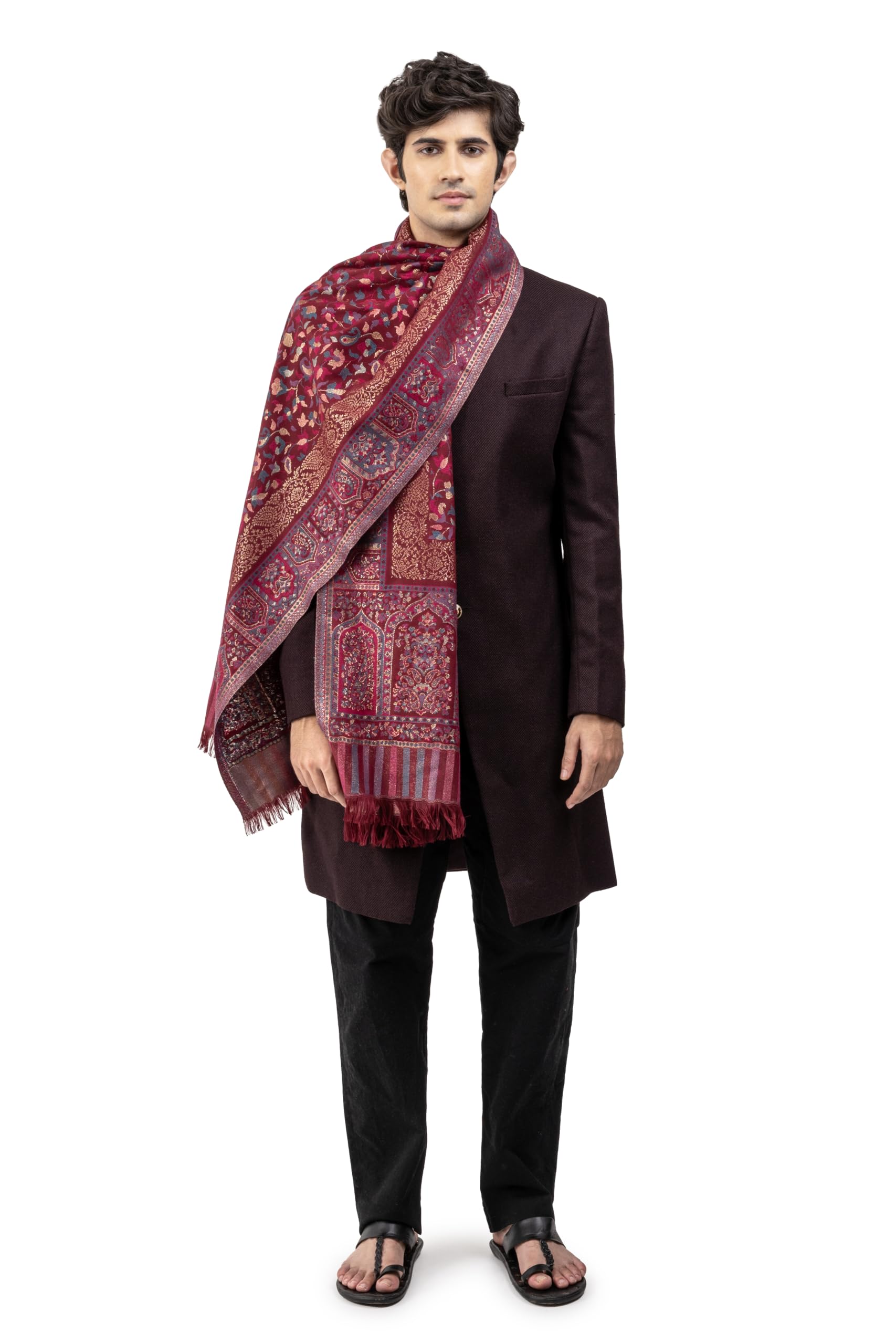 naureen Men Faux Pashmina Kani Stole with Mughal Artwork and Zari Accents, Warm and Soft, 28x80 inch-picture-14
