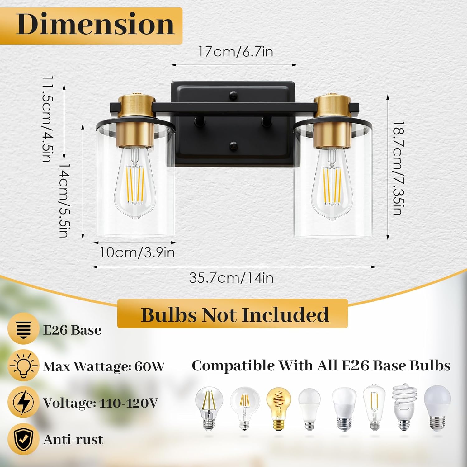 Bathroom Light Fixtures, 2-Light Black and Gold Vanity Lights for Bathroom, Bathroom Vanity Light with Clear Glass Shade, Modern Bathroom Lighting Fixtures Over Mirror for Bedroom Hallway Living Room
