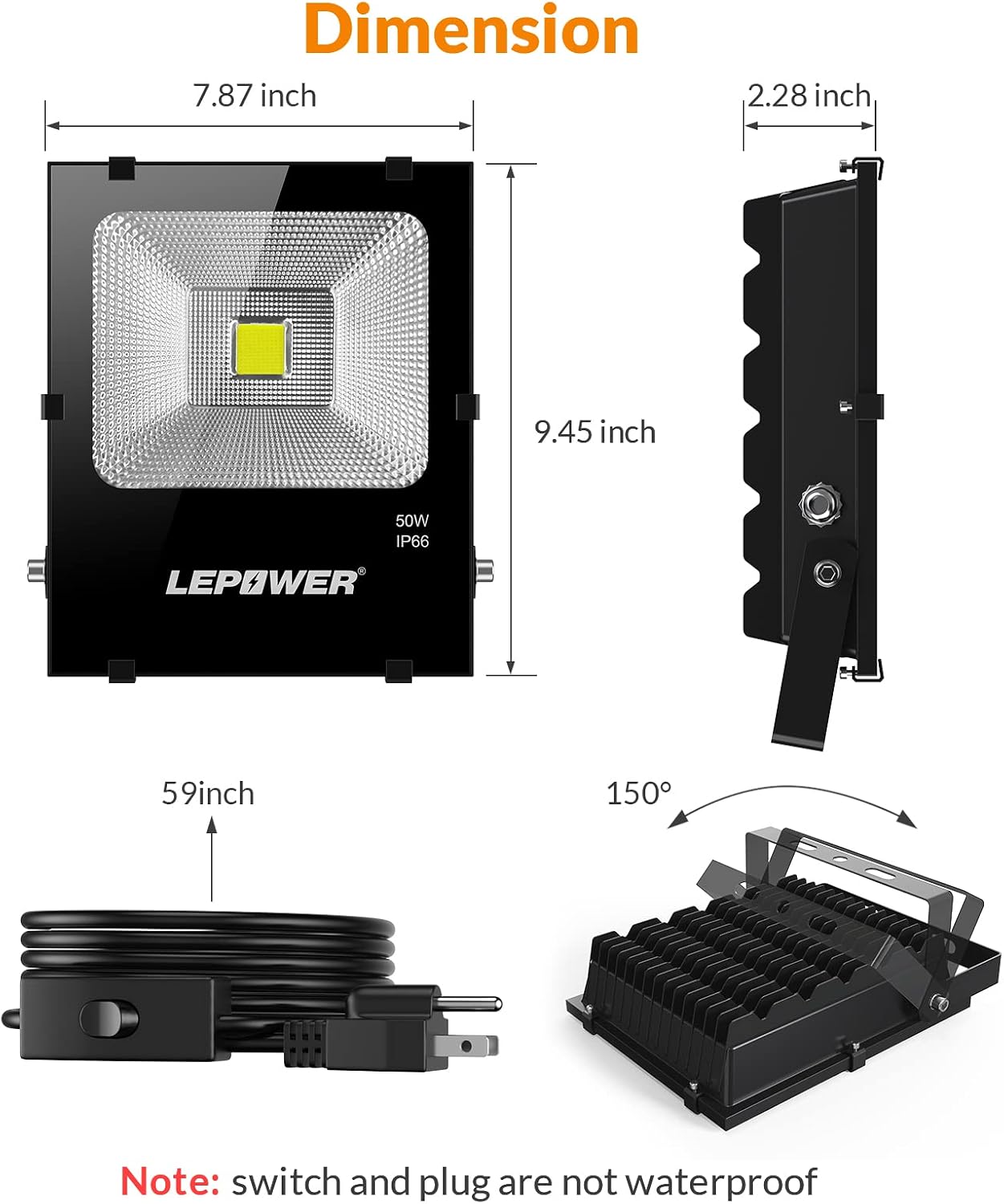LEPOWER 50W LED Flood Light Outdoor, Work Light Plug in, 250W Halogen Bulb Equivalent, 4000LM, 6000K, IP66 Waterproof, Outdoor LED Lights Fixture for Backyard, Garden, Garage, Playground