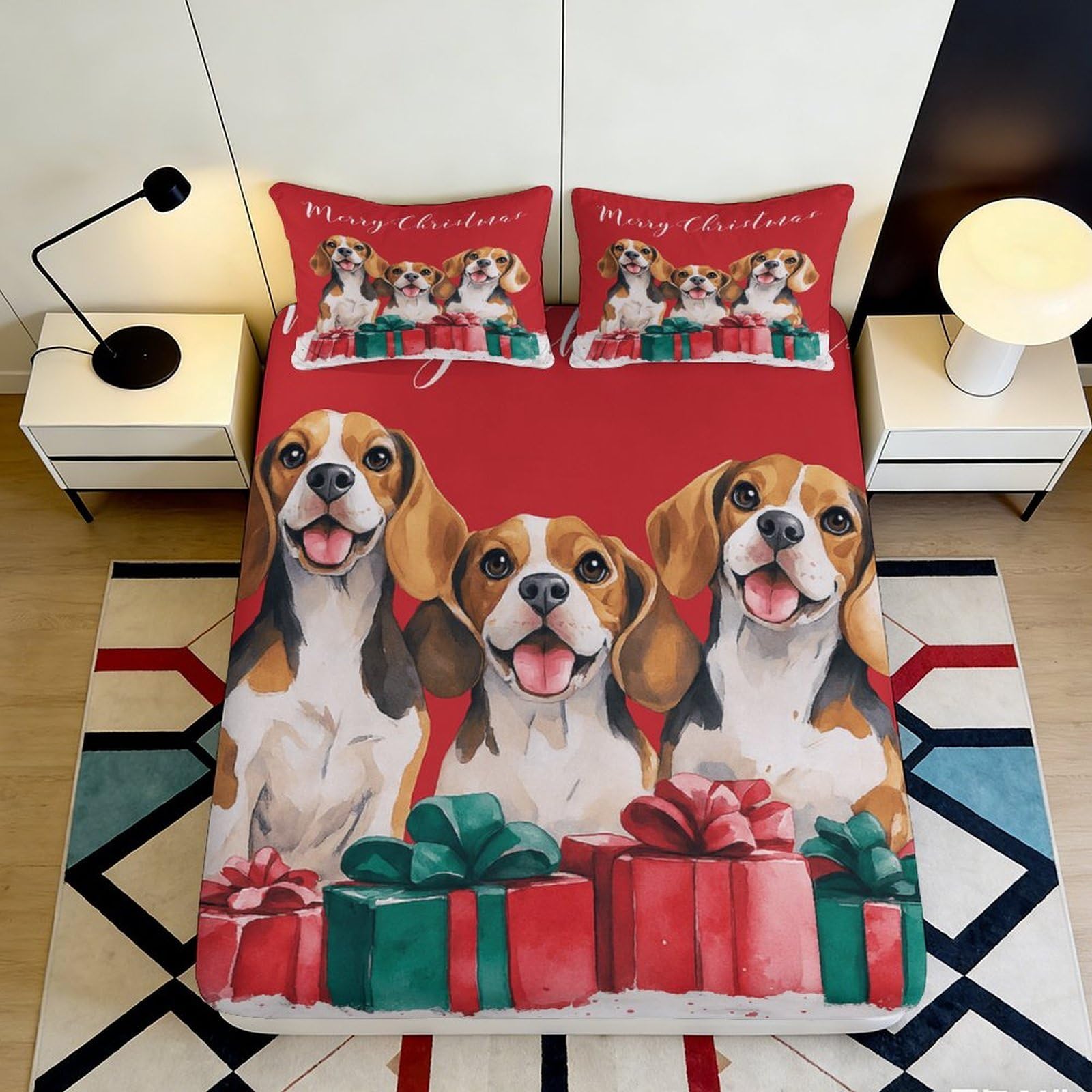 3D Printed Beagle Dog Gift Fitted Sheet Microfiber Red Mattress Cover for Bedroom Guest Room Decor 113 90x200x25cm