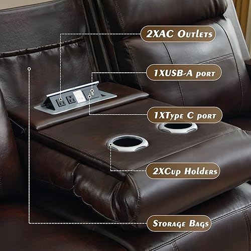 Miniatura 8 de Juego de sofá reclinable eléctrico con reposacabezas, asientos de cine en casa con luz LED, almacenamiento de reposabrazos, USB y tipo C, sofá