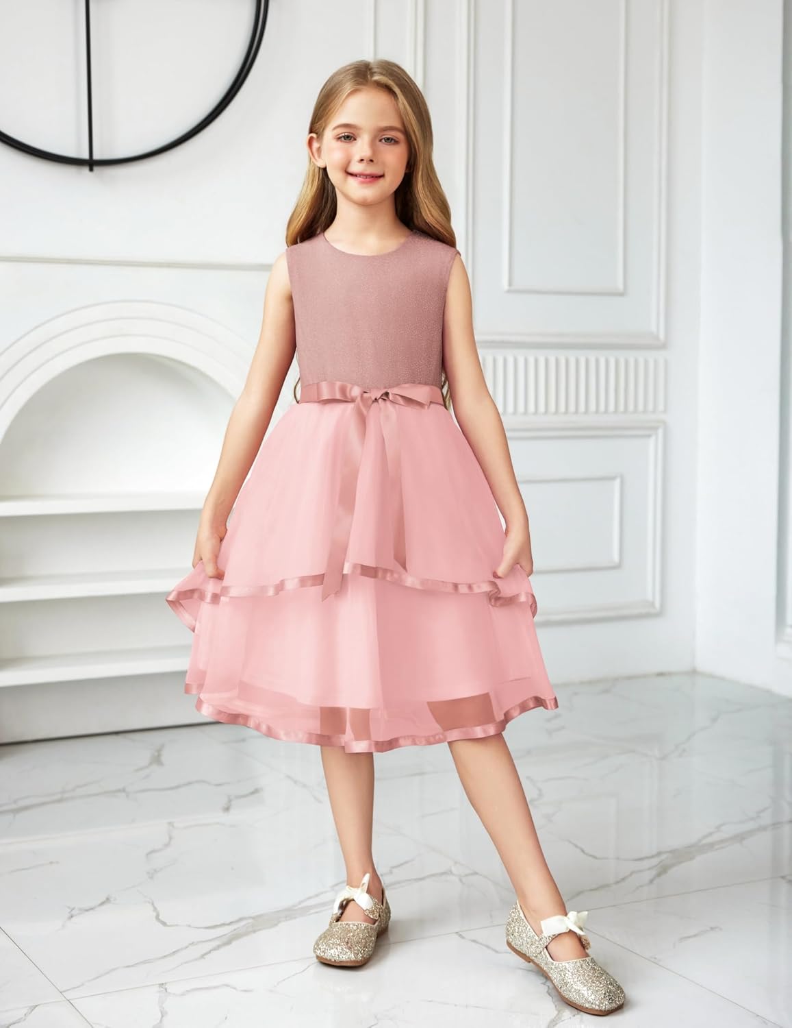 Arshiner Girls Dress Formal Party Fluffy Tulle Sleeveless Belted Dresses Size 3-11Y - Image 3