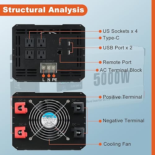 Miniatura 31 de Inversor de onda sinusoidal pura de 3000 W, CC 12 V a CA 120 V con pantalla LCD, control remoto, puerto USB, 4 salidas de CA y bloque de terminales