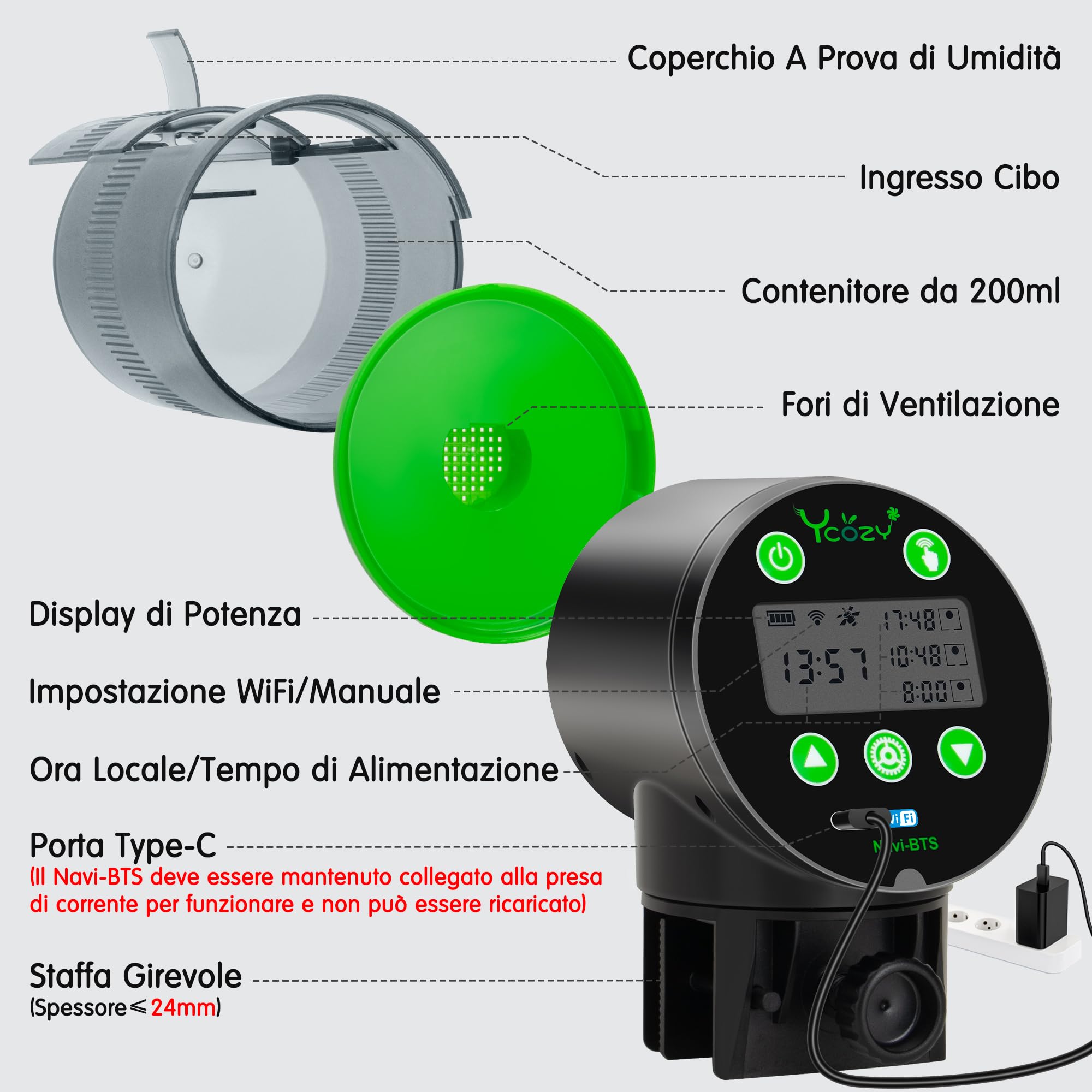 Ycozy WiFi Mangiatoia Automatica Acquario con Telecomando App, Alimentato a Spina Distributore Automatico Cibo Pesci con spina UE e cavo USB-C Distributore Cibo Pesci Display LCD | Navi-BTS