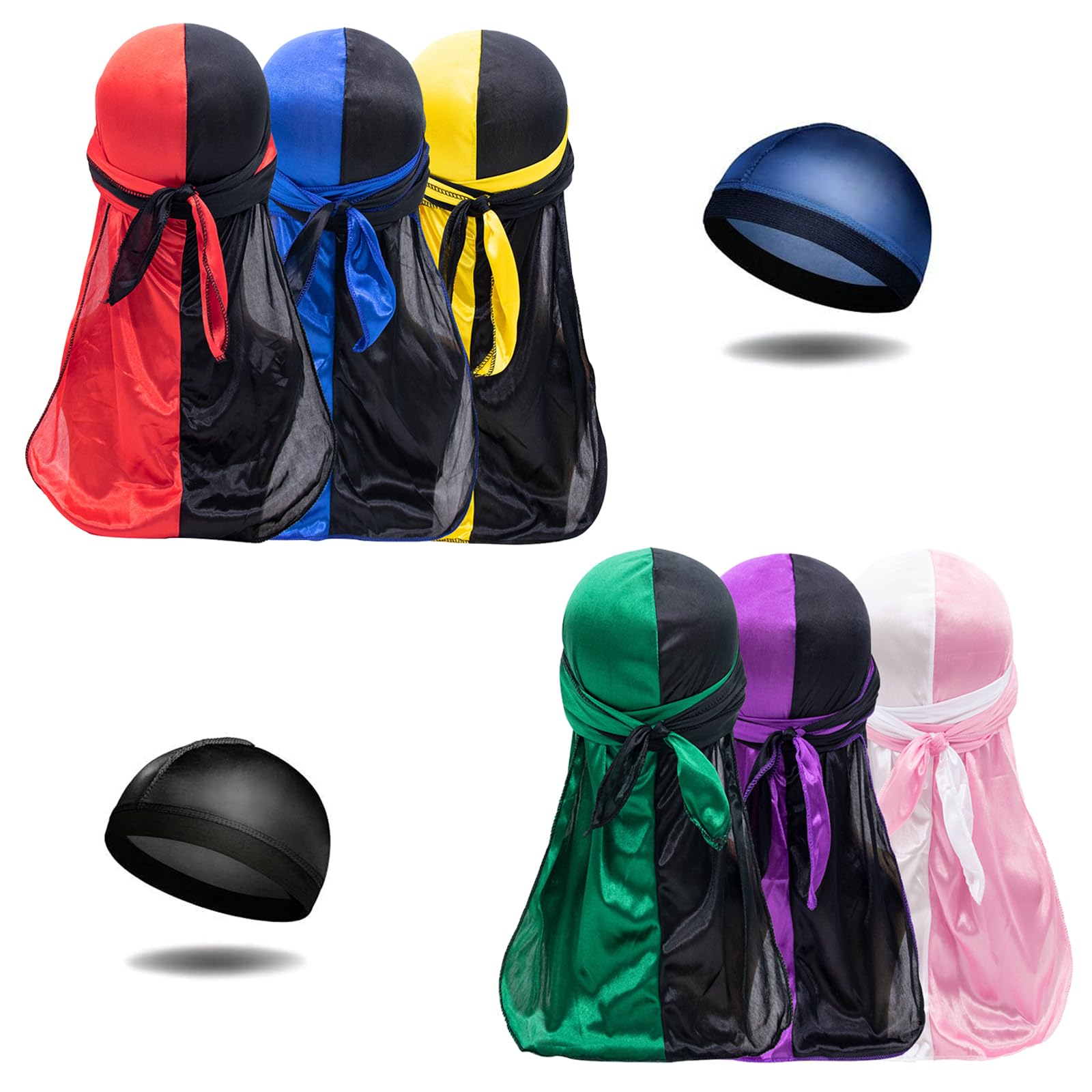 Terrilee 6Pcs Silk Durags 2Pcs Wave Cap for Men-Silky Satin Doo rag Pack for Men 360-Silk Durag for