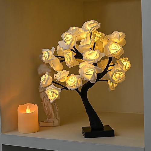 Miniatura 8 de Lámpara de mesa con 32 luces LED con forma de árbol de rosas, regalo para niñas, mujeres, adolescentes, decoración del hogar, funciona con pilas,