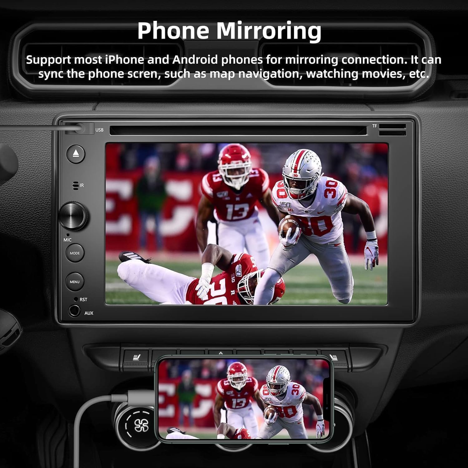 Rear view of the car stereo unit showing all input and output ports labeled, including power, video input, subwoofer, rear camera input, left/right channel inputs, and video outputs.