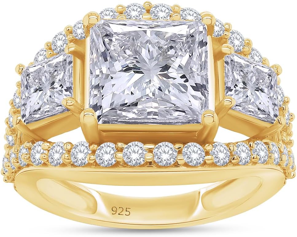 AFFY Square and Round Shape White Cubic Zirconia Three Stone Wedding Ring 14K Gold Over Sterling Silver