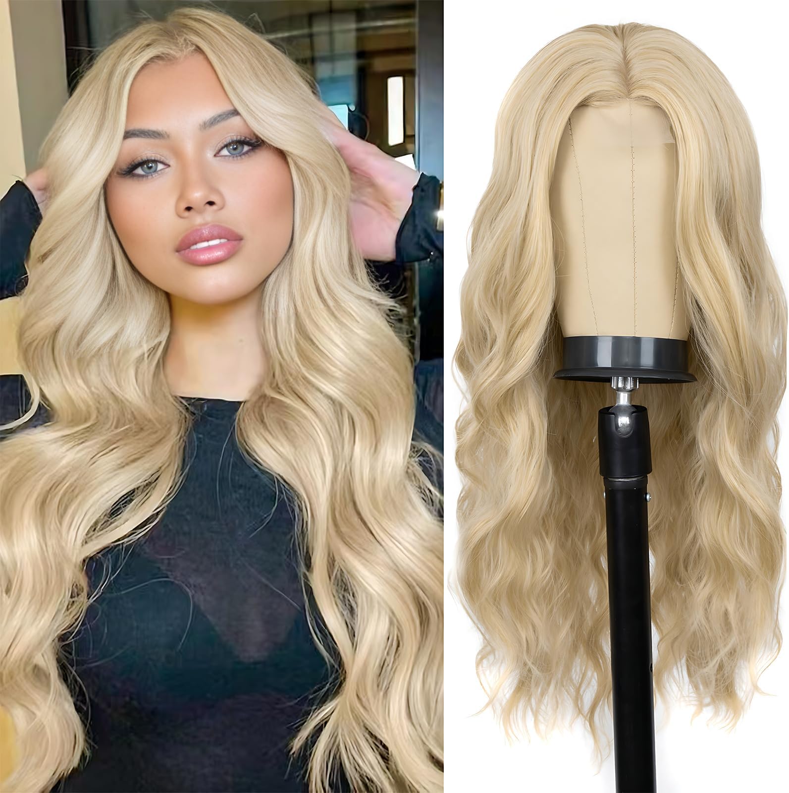 Long Blonde Wig for Women 26 Inch Middle Part Wavy Women Charming Wigs Realistic Natural Looking Synthetic Heat Resistant Fiber Hair for Daily Party Use