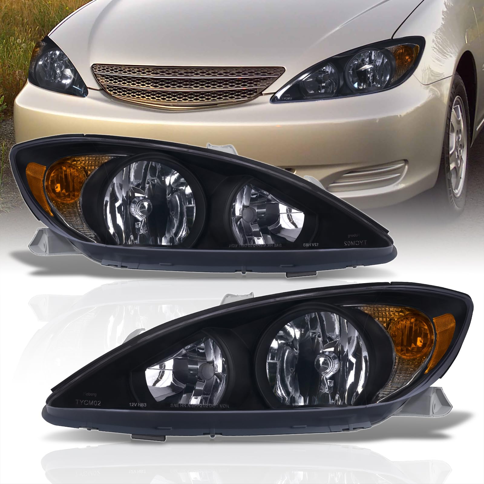 AJP Distributors Black Housing Clear Lens Amber Reflector Signal Headlights Headlamps Driving Bumper Head Lights Lamps Assembly Pair LH + RH