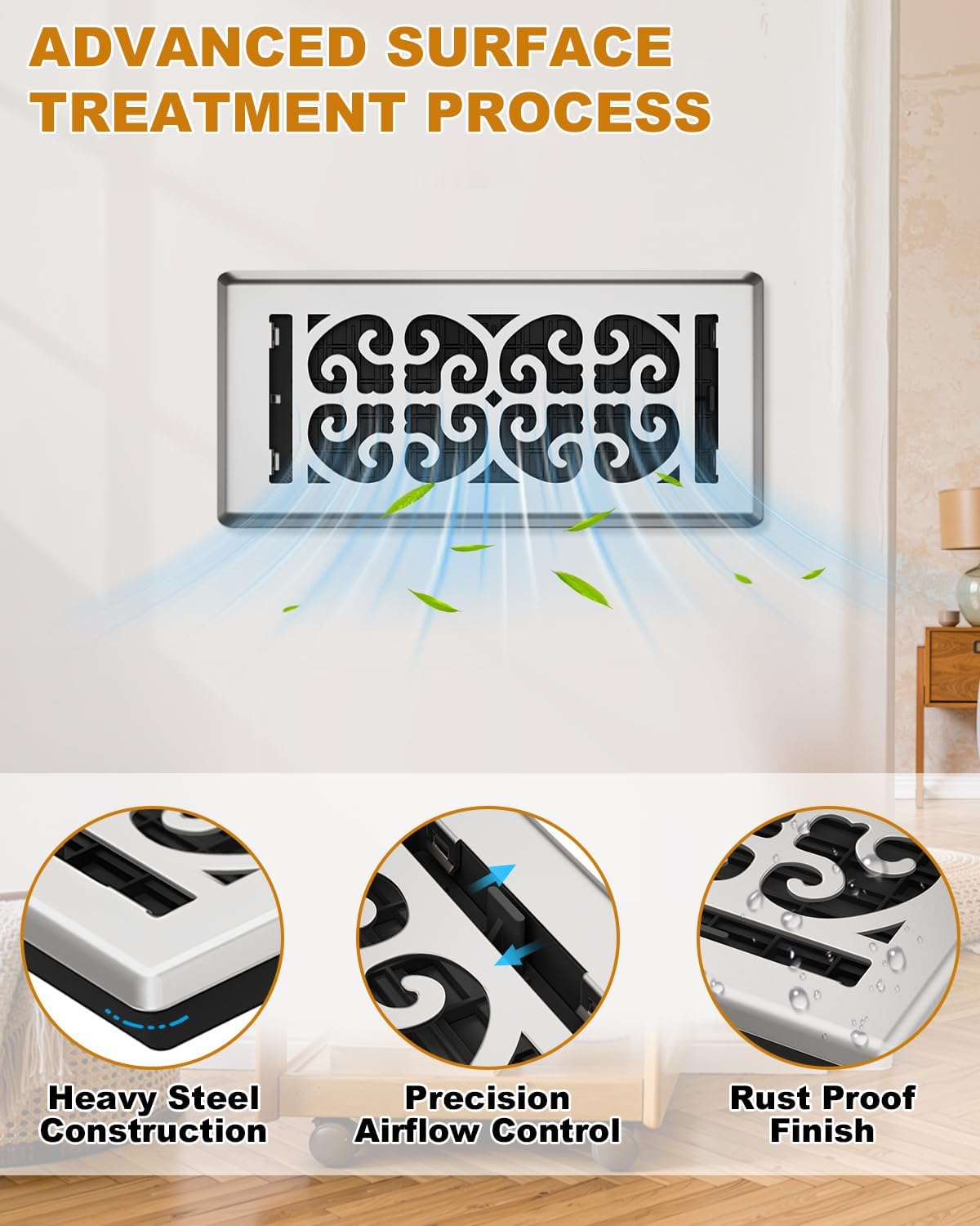 Floor Vent Covers 4x10 Inch – Heavy Duty Walkable Air Vent Cover for Home Floor & Wall - Decorative 2MM Thicker Metal Floor Register with Easy Adjust Airflow Switch - Satin Nickel HVAC Vents - 5 Pack