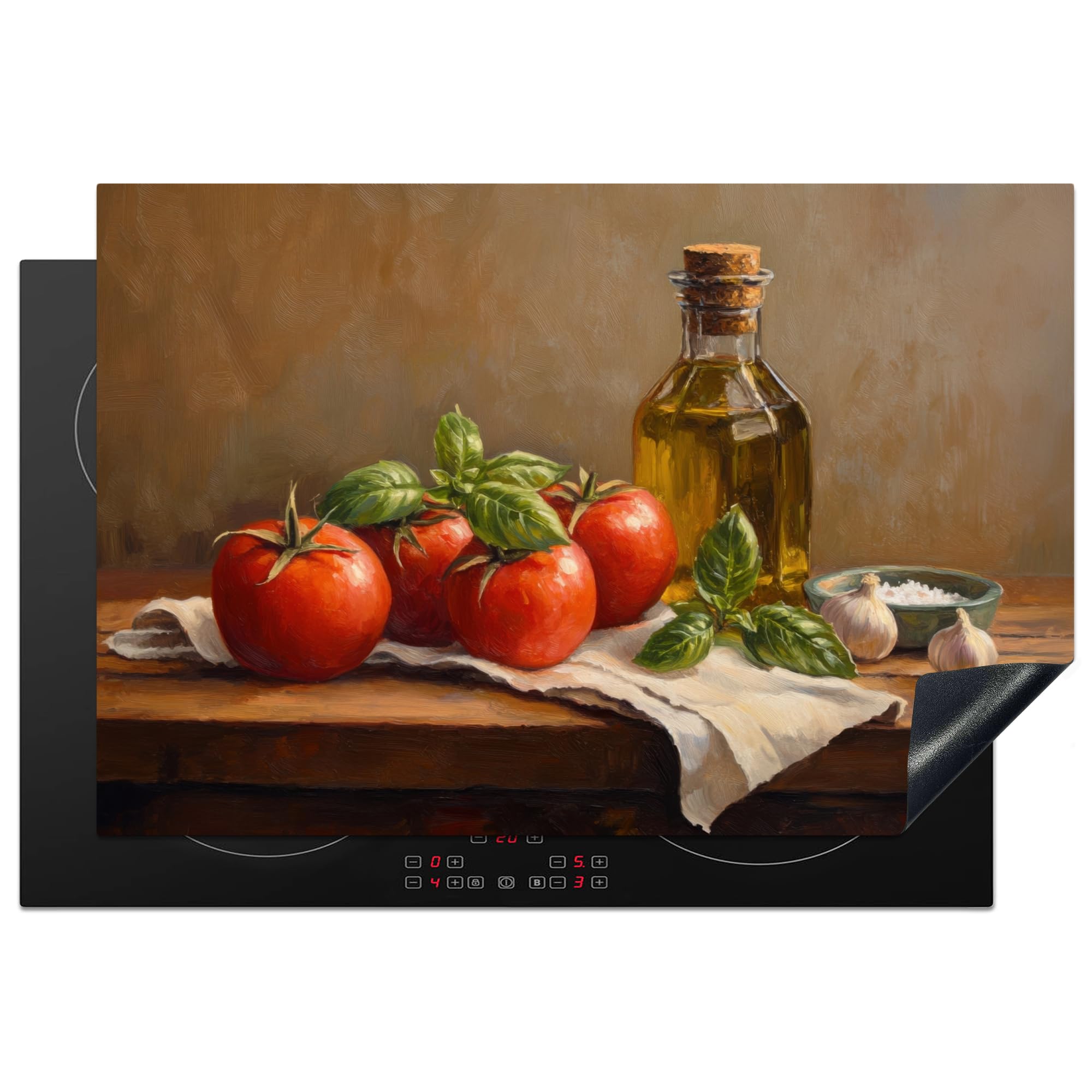 KitchenYeah© Induction Hob Protector Mat 20.5"x30.7" / 78x52 cm Stove Cap Top Cover Kitchen Cooker Covers for Electric Hobs Vinyl Tomatoes - Olive Oil - Still Life