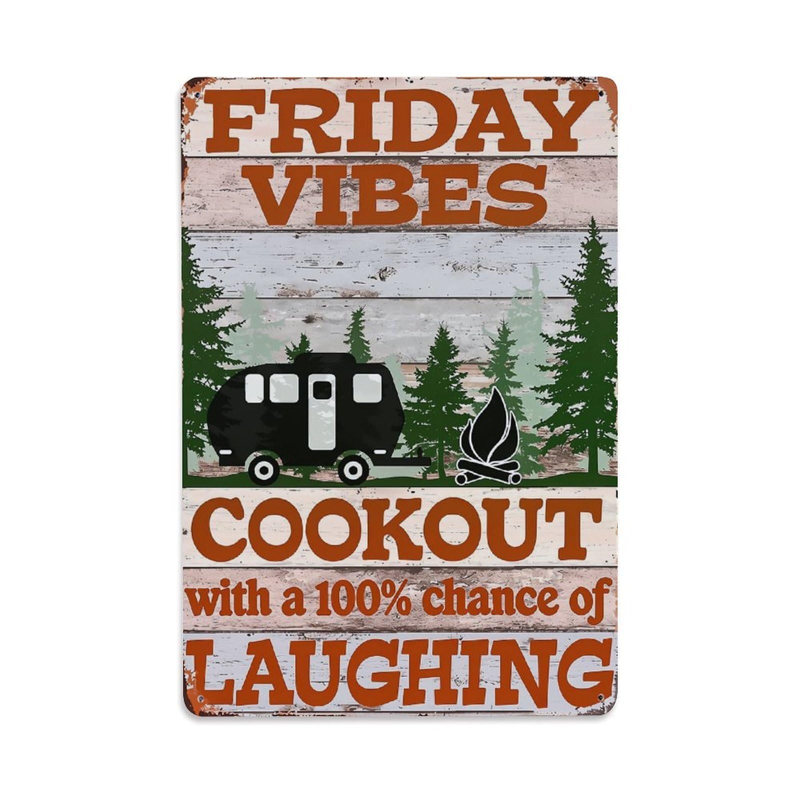Jdfenggu Vintage Friday Vibes Cookout Laughing Campfire Retro Metal Tin Sign, Decor Art Poster For Bar, Home, Man Cave, Kitchen, Laundry Room Gift 8X12inch