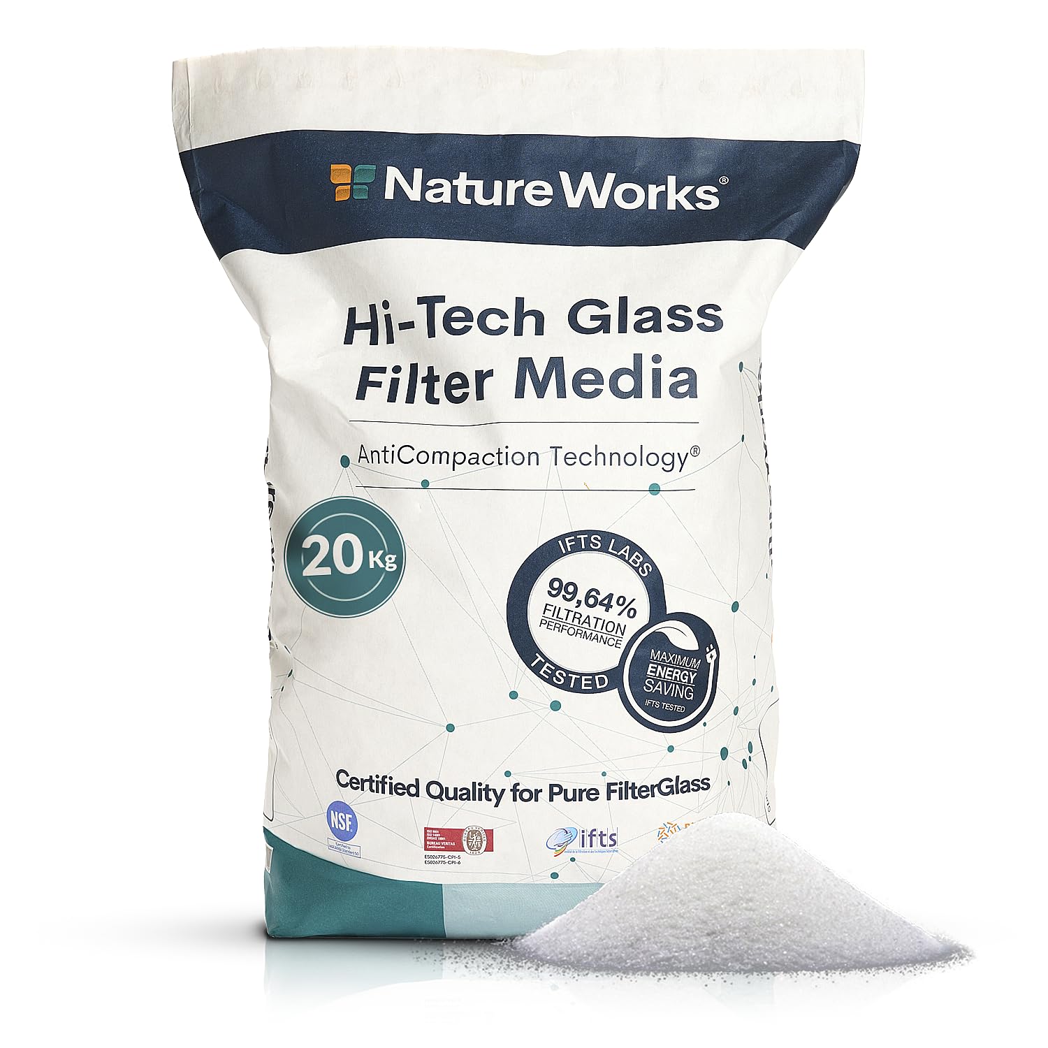 NATURE WORKS Hi-Tech Sable en verre fitrant pour piscine 20 kg
