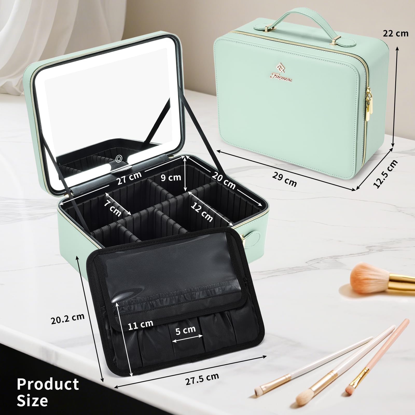 Großer Make-up-Koffer mit LED-Spiegel, abnehmbarer beleuchteter Spiegel, PU-Leder, tragbar, Make-up-Künstler, mit Trennwänden, Make-up-Pinselhalter, mintgrün, Klassisch