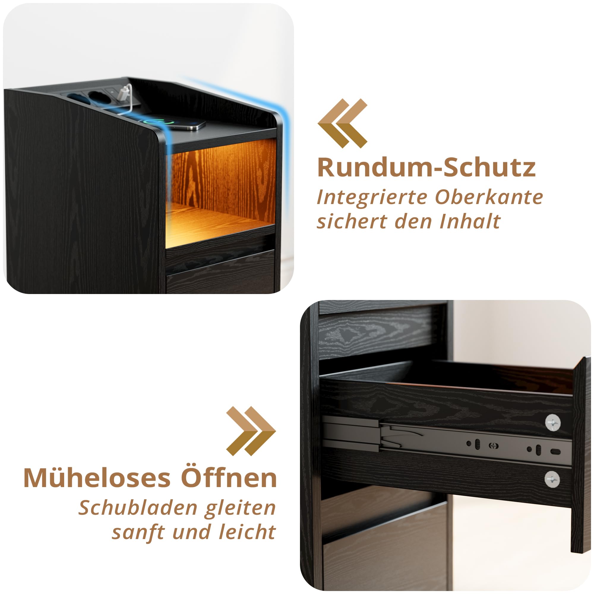 IRONCK Nachttisch Schmal, Beistelltisch mit Ladestation und LED, Bedside Table mit Offenem Fach, für Schmale Räume Schlafzimmer, Wohnzimmer, Schwarz