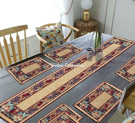 Table Mate for Dining Table Export Cotton Dining Table with 6 Jacquard Mats with 1 Runner (biscute) - Set of 7 (Biscute)
