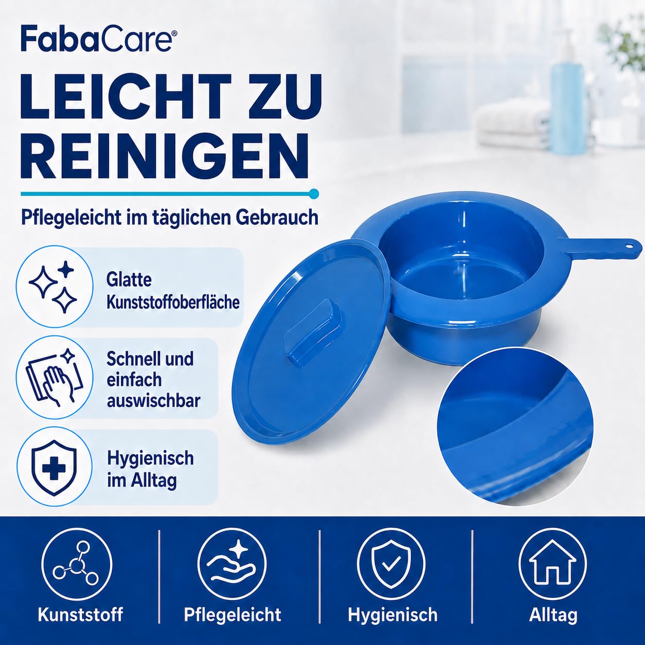 FabaCare Bettpfanne mit Deckel blau für Erwachsene | Stechbecken aus Kunststoff mit Griff, 30 cm Durchmesser, 8 cm Höhe, für Pflege, Klinik und Zuhause