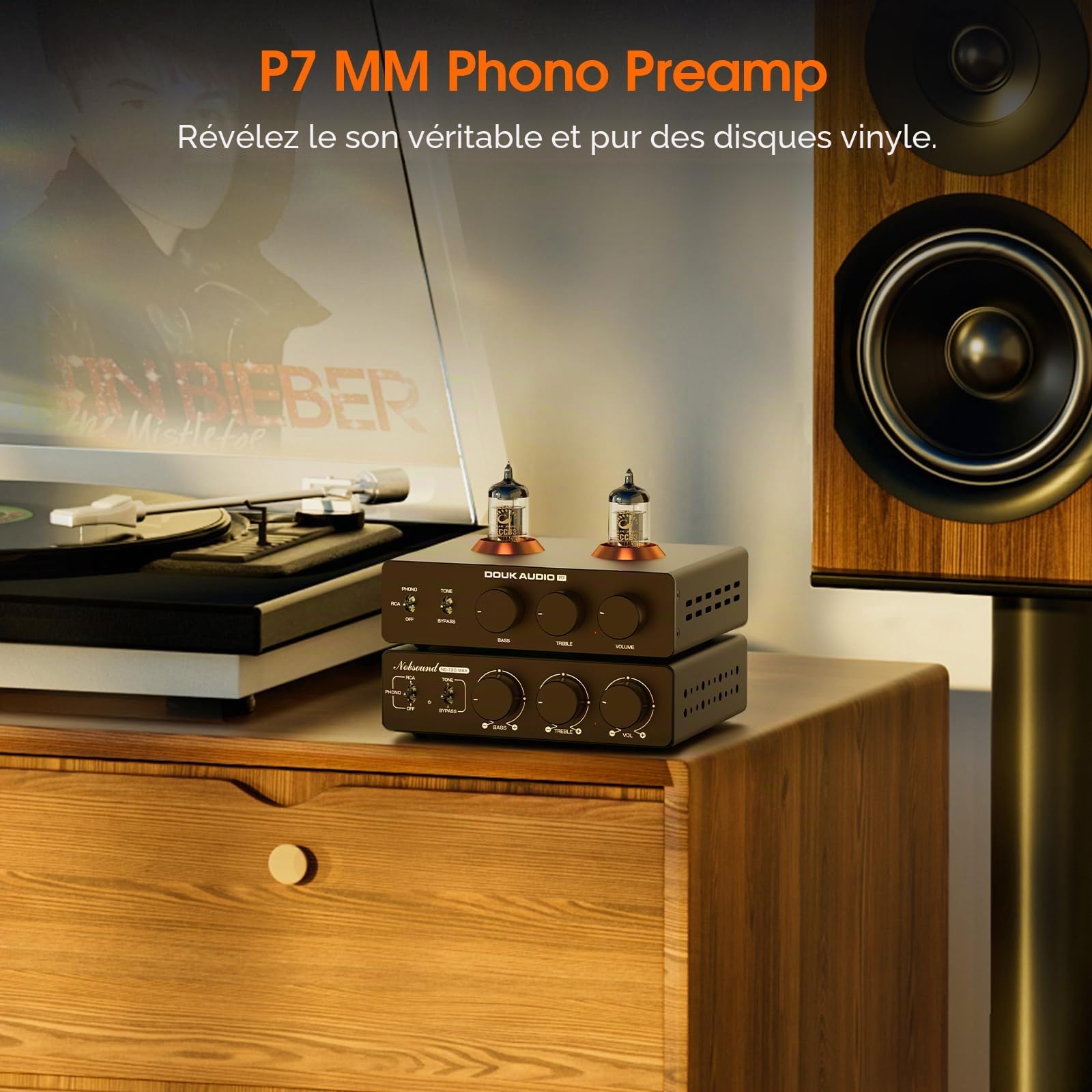 Douk Audio P7 Phono Preampli : ECC83 Tube Turntable Préamplificateur avec sortie XLR équilibrée, filtre passe-haut, contrôle des basses et des aigus, bypass pour tourne-disque MM, amplificateur