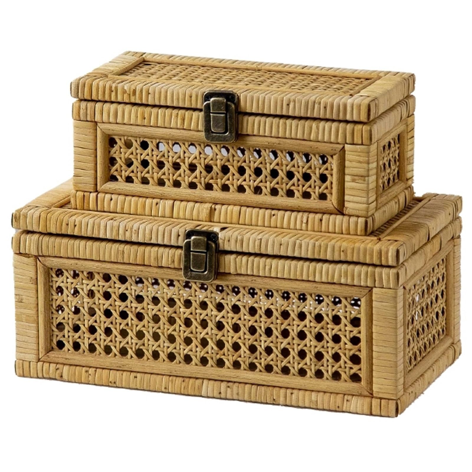 Rattan Decorative Box with Lid and Lock,Natural Wicker Storage Basket Bin Rectangular Cane Display Box,Handwoven Rattan Cane Stacking Box for Shelf Organizer Boho Rustic Farmhouse Decor(Large+Small)
