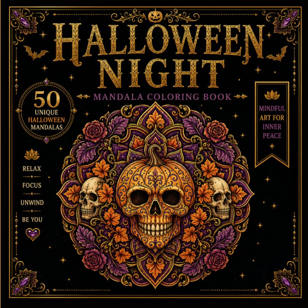 Halloween Mandala Coloring Book for Adults Halloween Night: 50 Unique Spooky Mandalas Featuring Pumpkins, Bats, Ghosts, Witches, Skulls and Mystical Creatures (The Enchanted Mandala Collection)