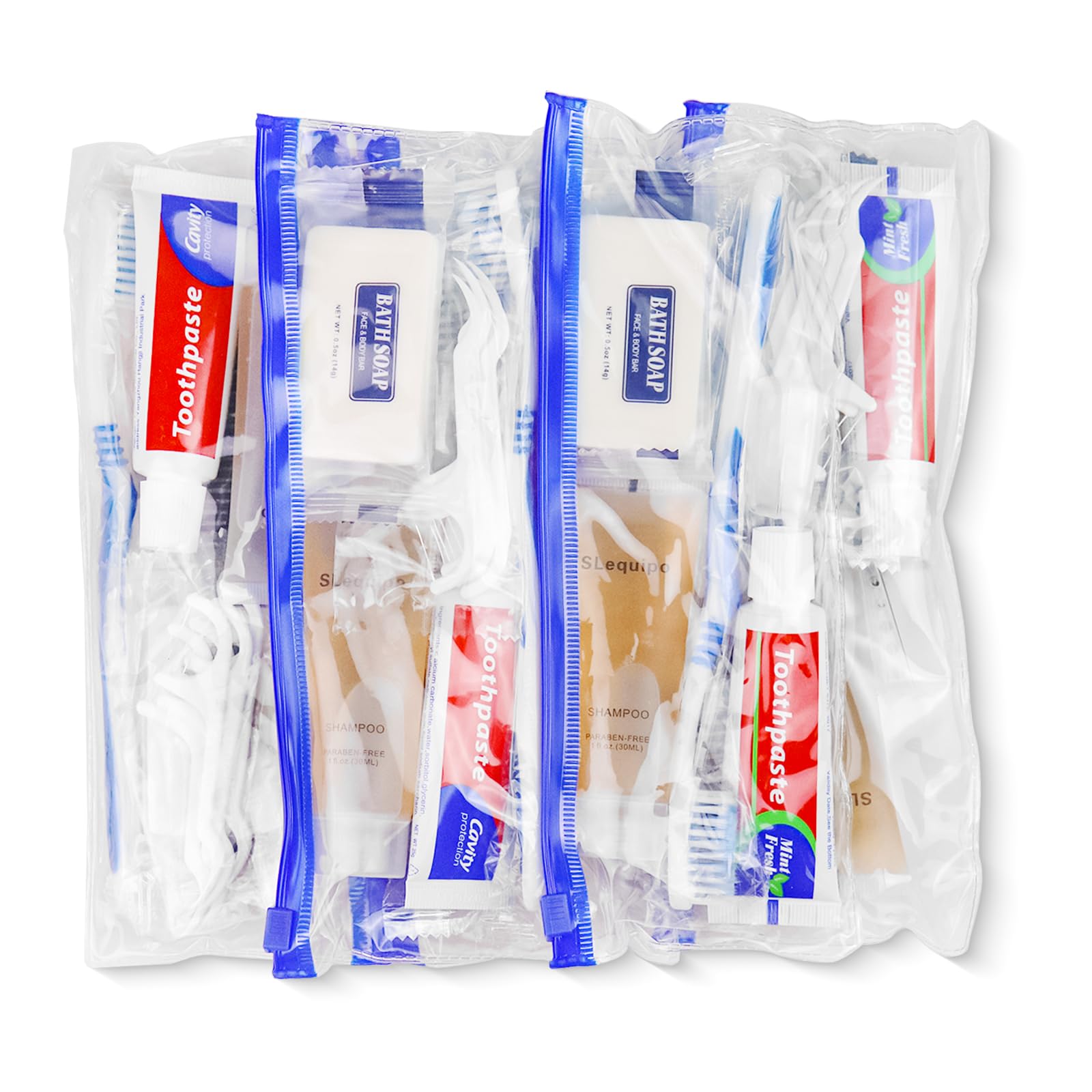 Paquete de 50 kits de higiene, kit de higiene a granel, empaquetado individualmente, kit de higiene de viaje con cepillo de dientes, pasta de dientes, peine, champú, jabón y púas de hilo