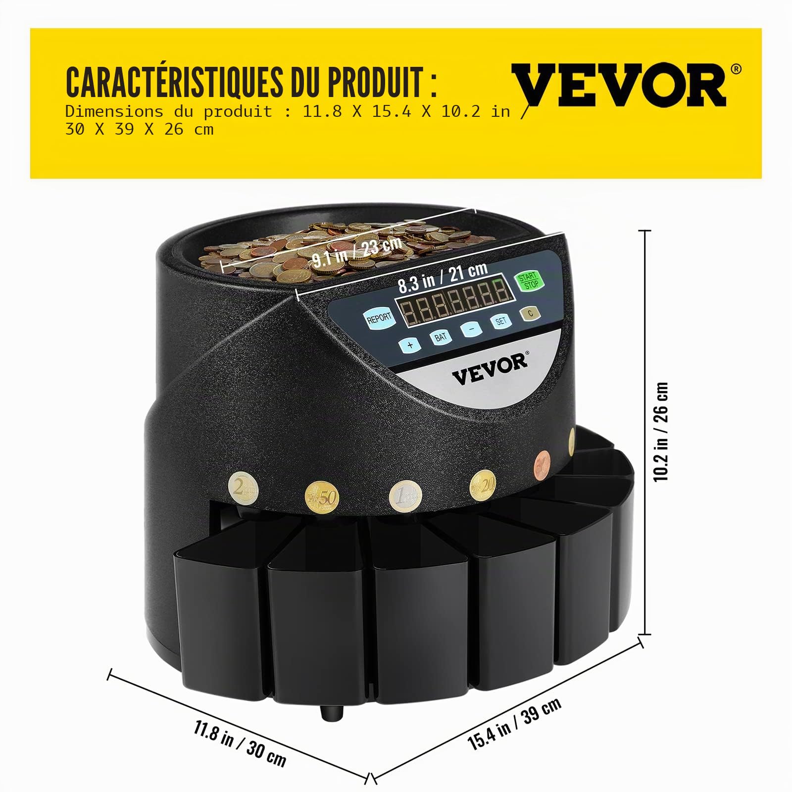 VEVOR Trieur de Pièces d'Argent 220 V 50 Hz 300 pièces/min 8 Boîtes de Collecte