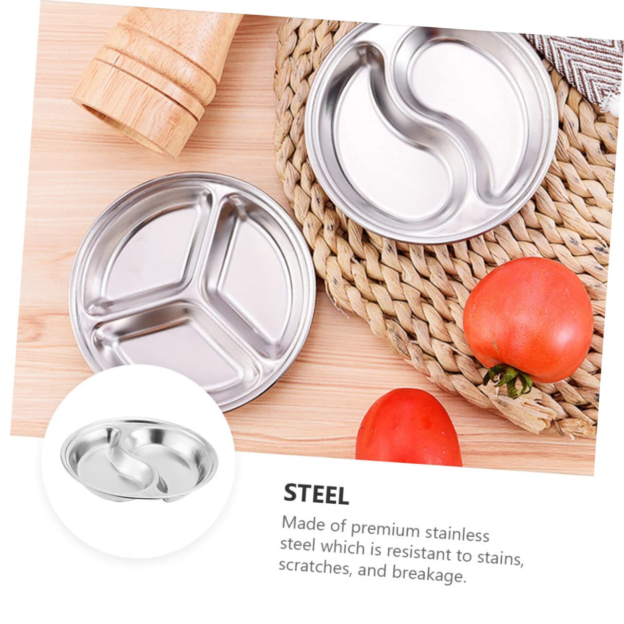 CIYODO 4pcs Stainless Steel Saucer Round Serving Tray Fruit Dip Soy Dishes Dip Bowls Dip Dishes Serving Platter Plates Circle Tray Dipping Sauce Cups Dipping Sauce Bowls Mini Serving Dish