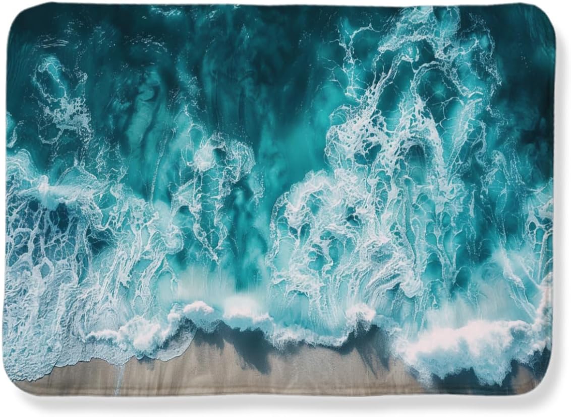 Turquoise Color vast deep Beautiful Nature Waves Hitting The Beach Water Splash Ripples Dynamic Carpet, Flannel Fabric Warm and Comfortable Easy to wash, Bathroom mat 24x36inch