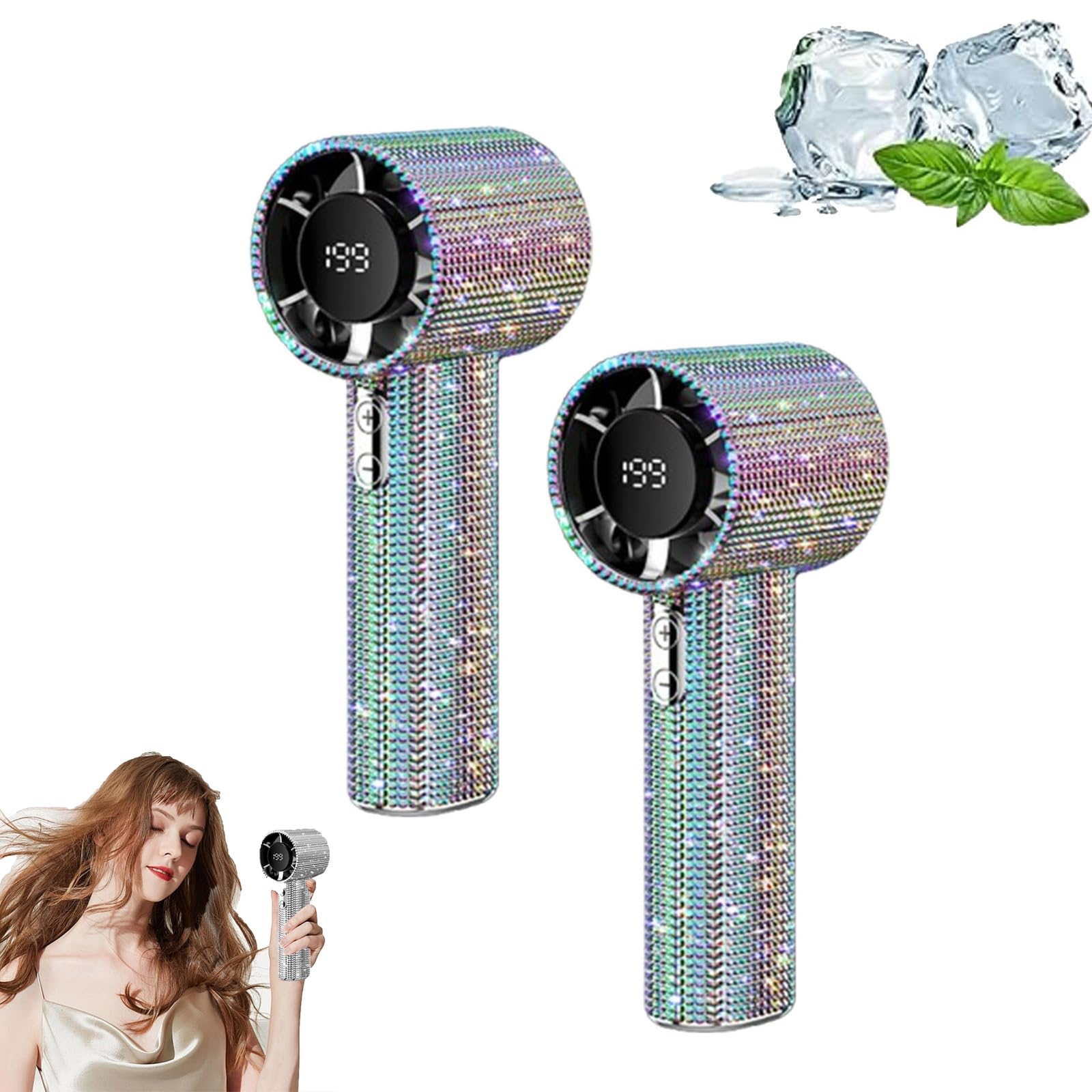 Full Diamond Portable Handheld Turbo Fan, 199 Speed Settings Ultra Quiet, USB Rechargeable, Perfect for Office Travel Concerts, Luxury Bling Accessory for Women (Color-2pcs)
