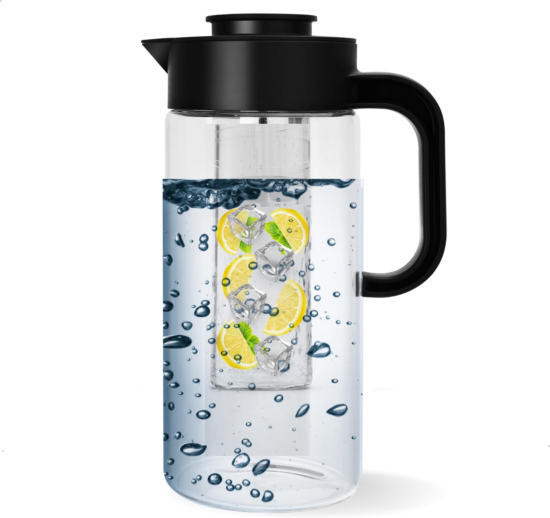 Borosilicate Glass Water Pitcher for Fridge/Stove Top with Lid, No-drip Spout, Stainless Steel Infuser to make Herbs/Fruit Infused Beverages, Coffee/Tea | Flower of Life Symbol to Energize Water