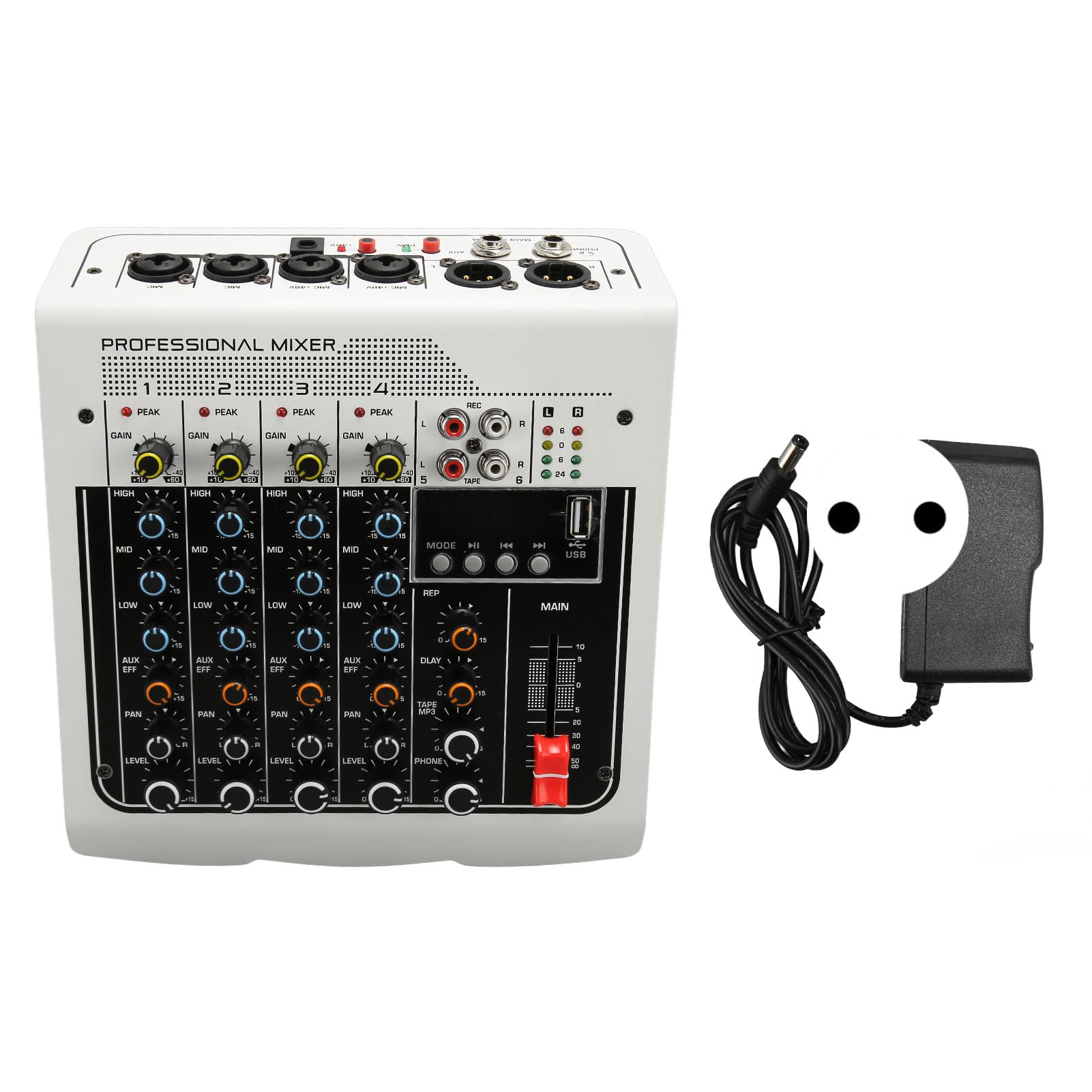 Generic Sound Mixer 4 Channel Mixer mit Integriertem DPS -Prozessor für Verbesserte Soundeffekte - Geeignet für Aufnahmestudios ABS, Eisen (EU -Stecker 100‑240V)