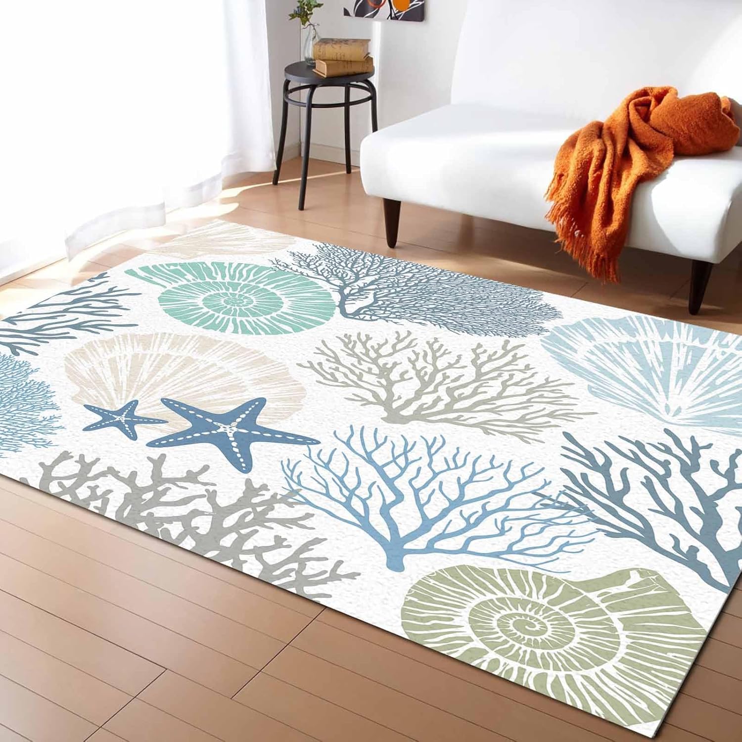 Blue Coral Area Rug for Living Room, Coastal Ocean Nautical Rectangular Indoor Carpet - 2'7" x 5', Summer Starfish Shells Marine Themed Non-Skid Bathroom Mat Kitchen Runner Rugs for Bedroom