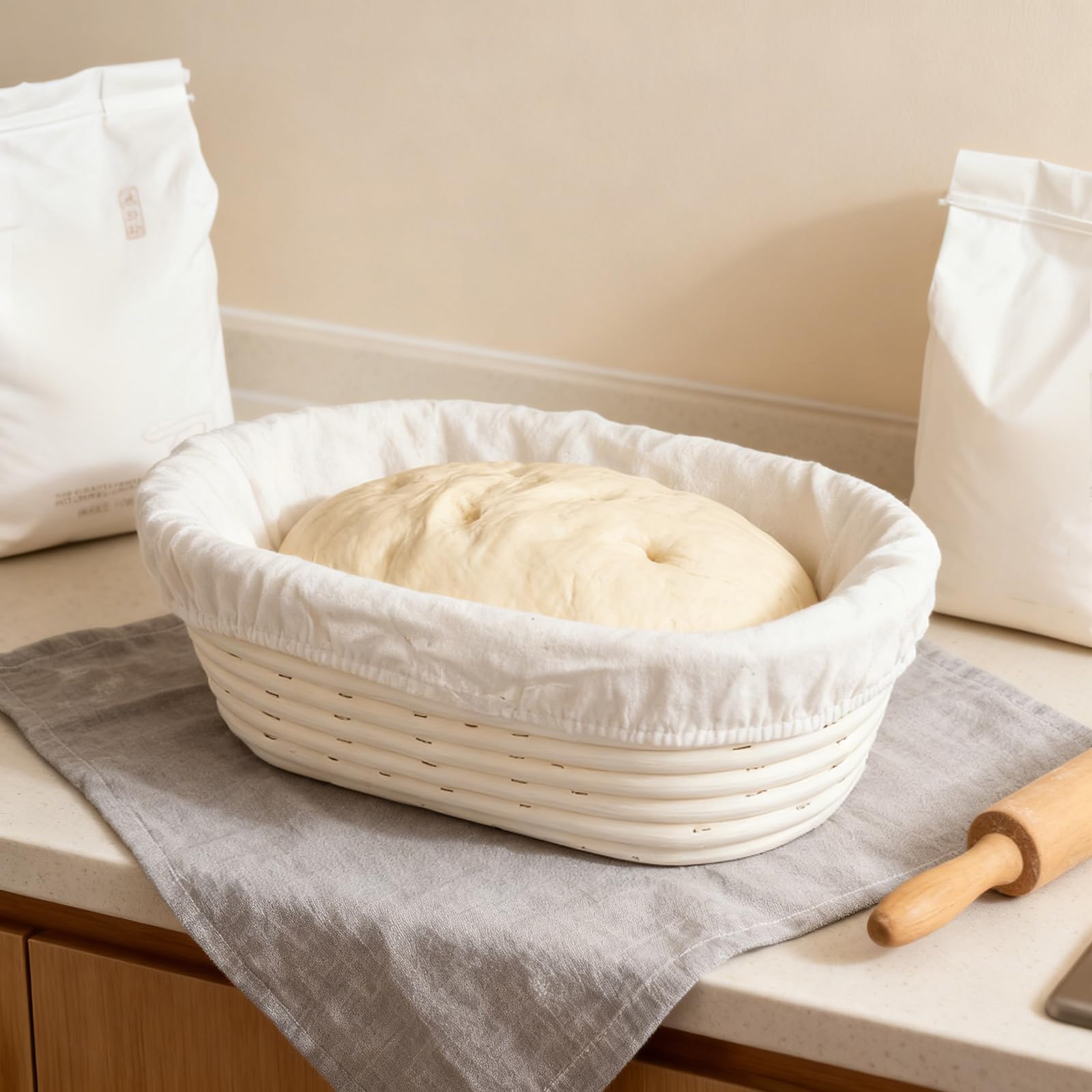 Lot de 2 paniers de fermentation ovales de 25 x 15 x 8 cm avec insert en lin - Corbeille à pain ovale en rotin naturel pour pain fait maison