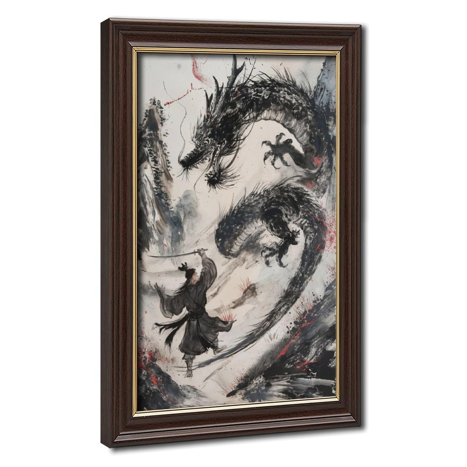 Bareronor Japanese Dragon And Samurai Canvas Poster Bedroom Decor Landscape Office Room Decor Gift 16" L X 24" W