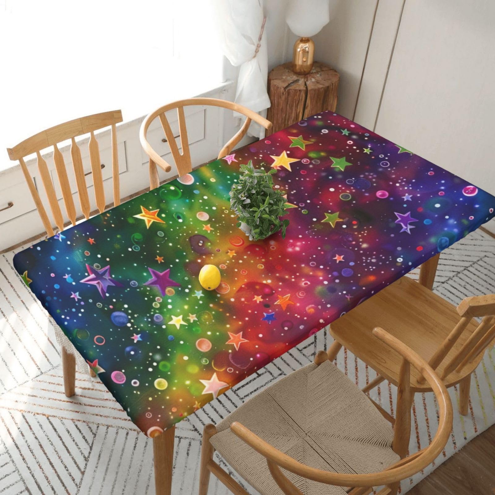 WPKJU Colorful Rainbow Stars Printed Tablecloths 5ft Rectangular Table Covers Washable Polyester Decorative Table Cloth for Dining Table Picnic Wedding
