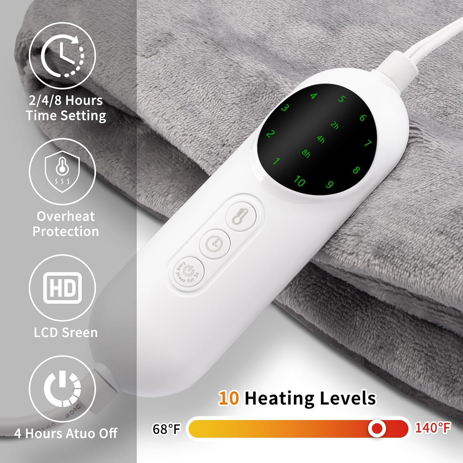 Heated Blanket Electric Throw with 2-8H Time Settings, Heated Blanket Throw - 50"×60" Flannel Grey Throw Blanket for Bed & Office, Washable Small Electric Blanket for Adult & Kid