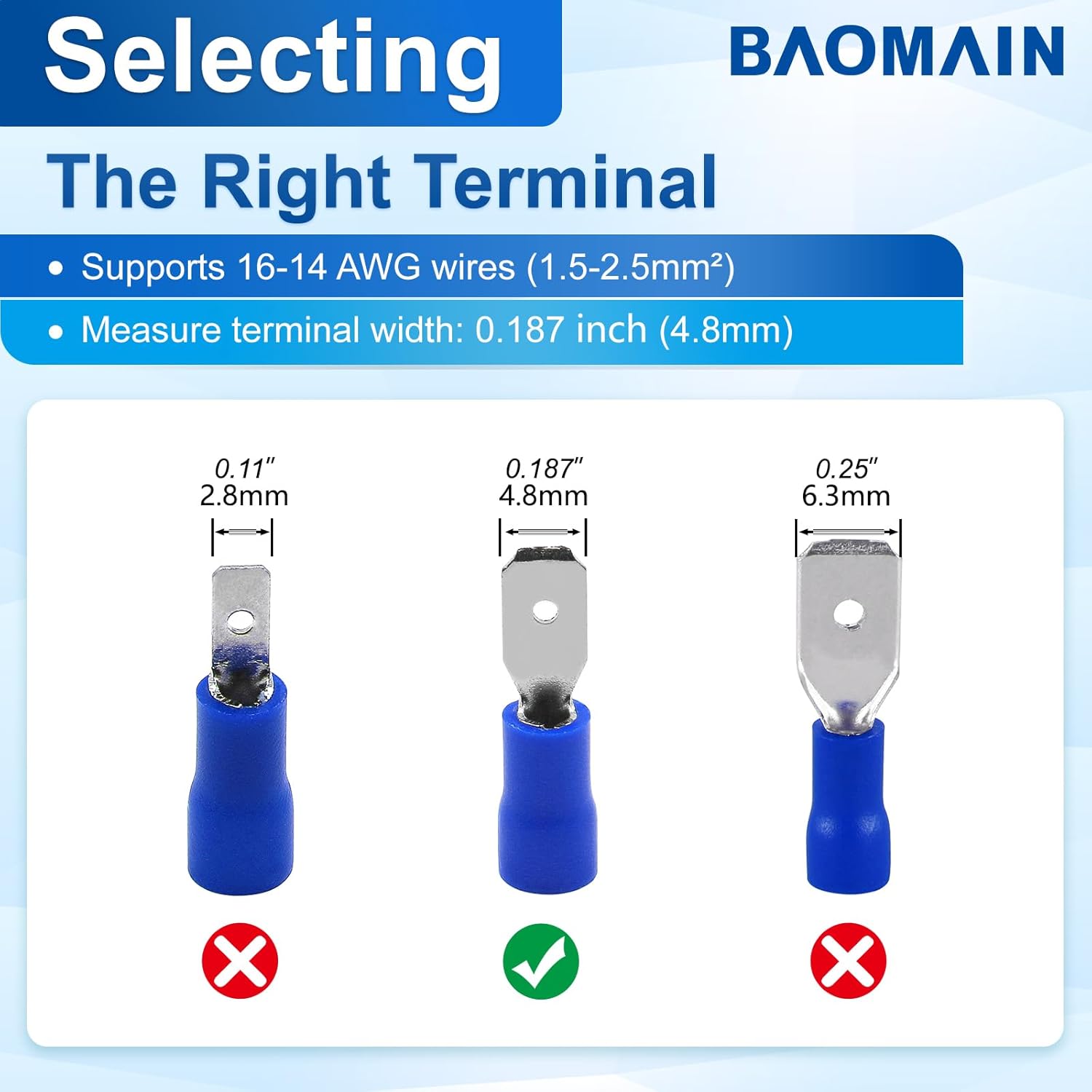Baomain 1000-Pack 0.187" Male Quick Disconnect Spade Connectors,16-14 AWG,4.8mm (3/16 Inch), Insulated Terminals Blue
