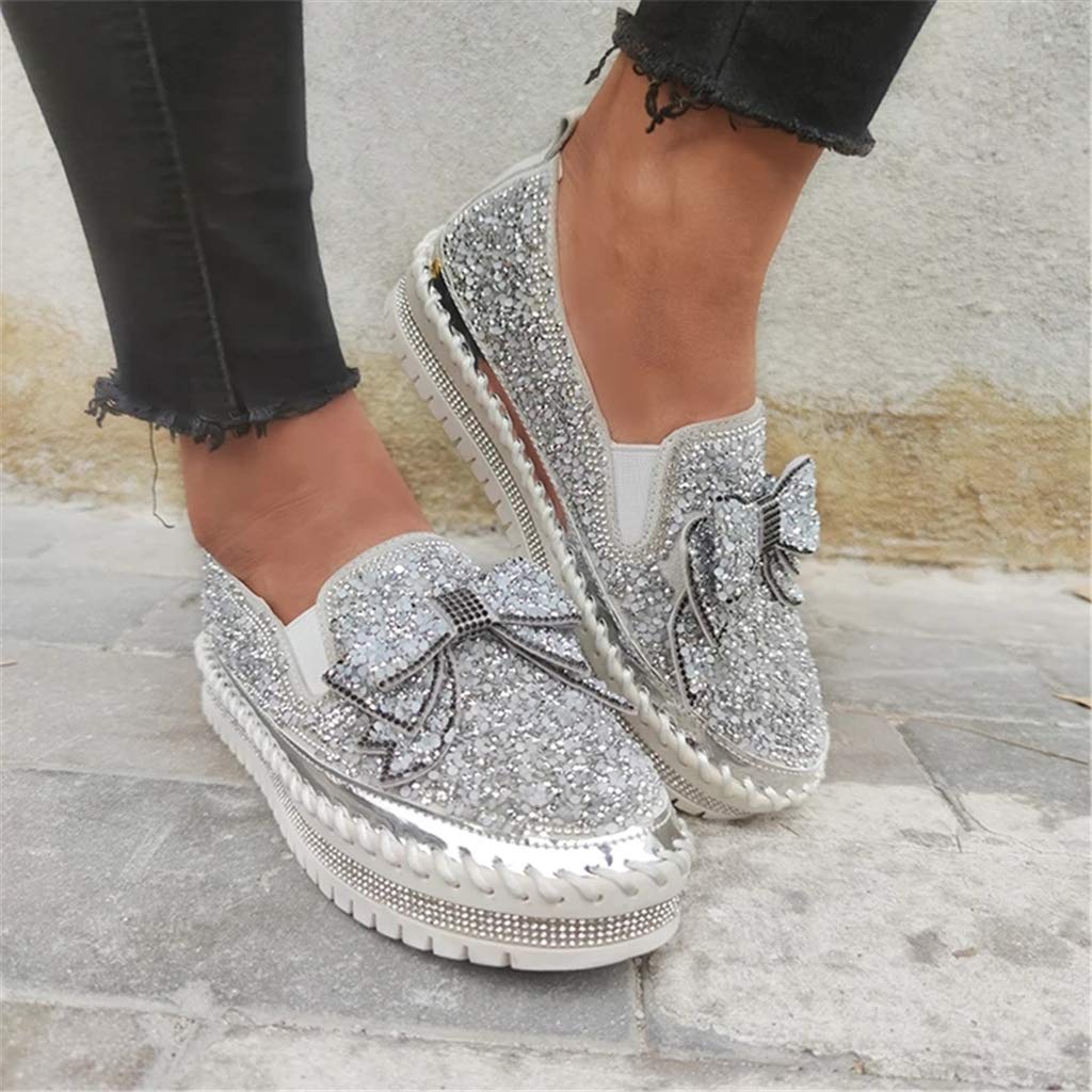 Cydmoty Mocasines casuales con diamantes de imitación para mujer con bonito lazo de plataforma
