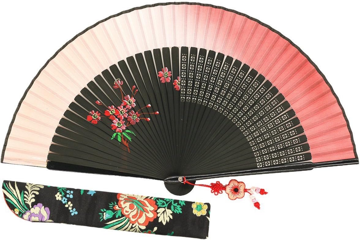 Wise Bird Chinese Fan Japanese Folding Hand Fan, Vintage Retro Style Fan 8" Bamboo/Wood/Sandalwood Fan, Silk Fan Purse Fan, Wedding Favors, Home Decor Fan with Sleeve/Embroidery Tassel - F546