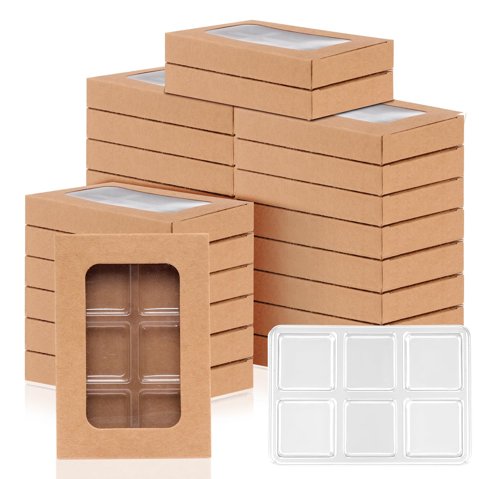 100 PCS Clamshells for Wax Melts 6 Cavity Plastic Mold with Box Kraft Wax Melt Boxes Crystal Clear Clamshell Wax Melt Molds Wax Melts Containers for Wax Cubes Wax Tarts Wax Block(4 * 2.8 Inch)