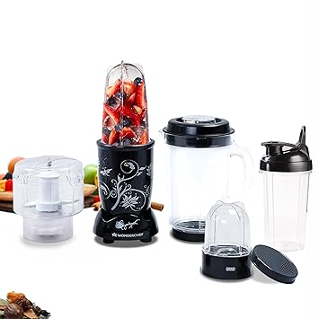 Wonderchef Nutri Blend Complete Kitchen Machine, Mixer Grinder, Blender, Chopper, Juicer, Stainless Steel Blades, 4 Jars with chopper, 500 Watts, Black, Online Recipe Book By Chef Sanjeev Kapoor - image, photos