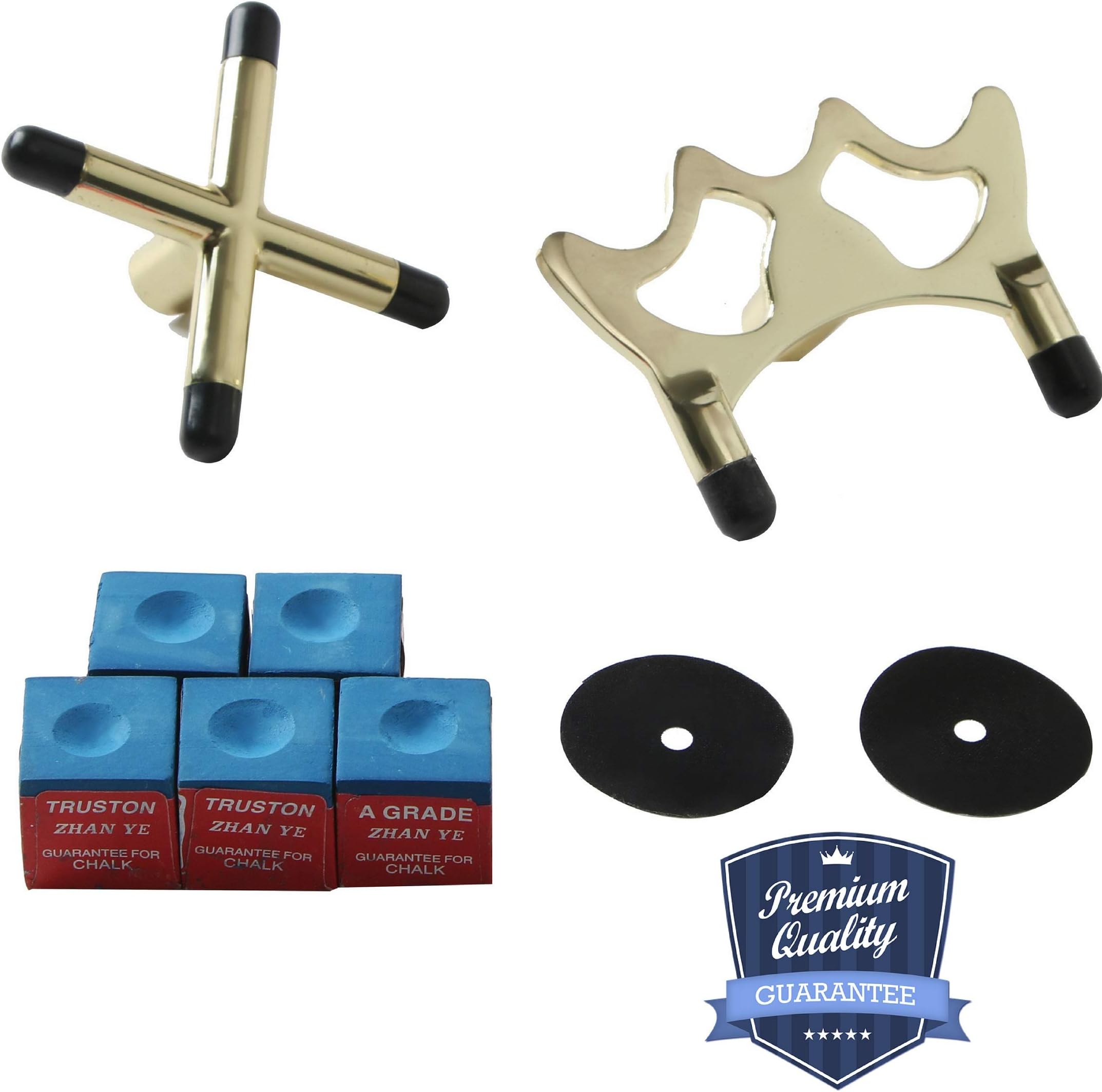 Billiard Cue Bridge Spider Head and Cue Cross X Rest, 5 Cue Chalk Cubes and 2 Table Spots - Pool Table Game Accessories for Cue Sticks