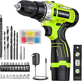 GardenJoy Cordless Power Drill Set: 12V Electric Drill with Battery and Charger, 65pcs Acessories, 3/8