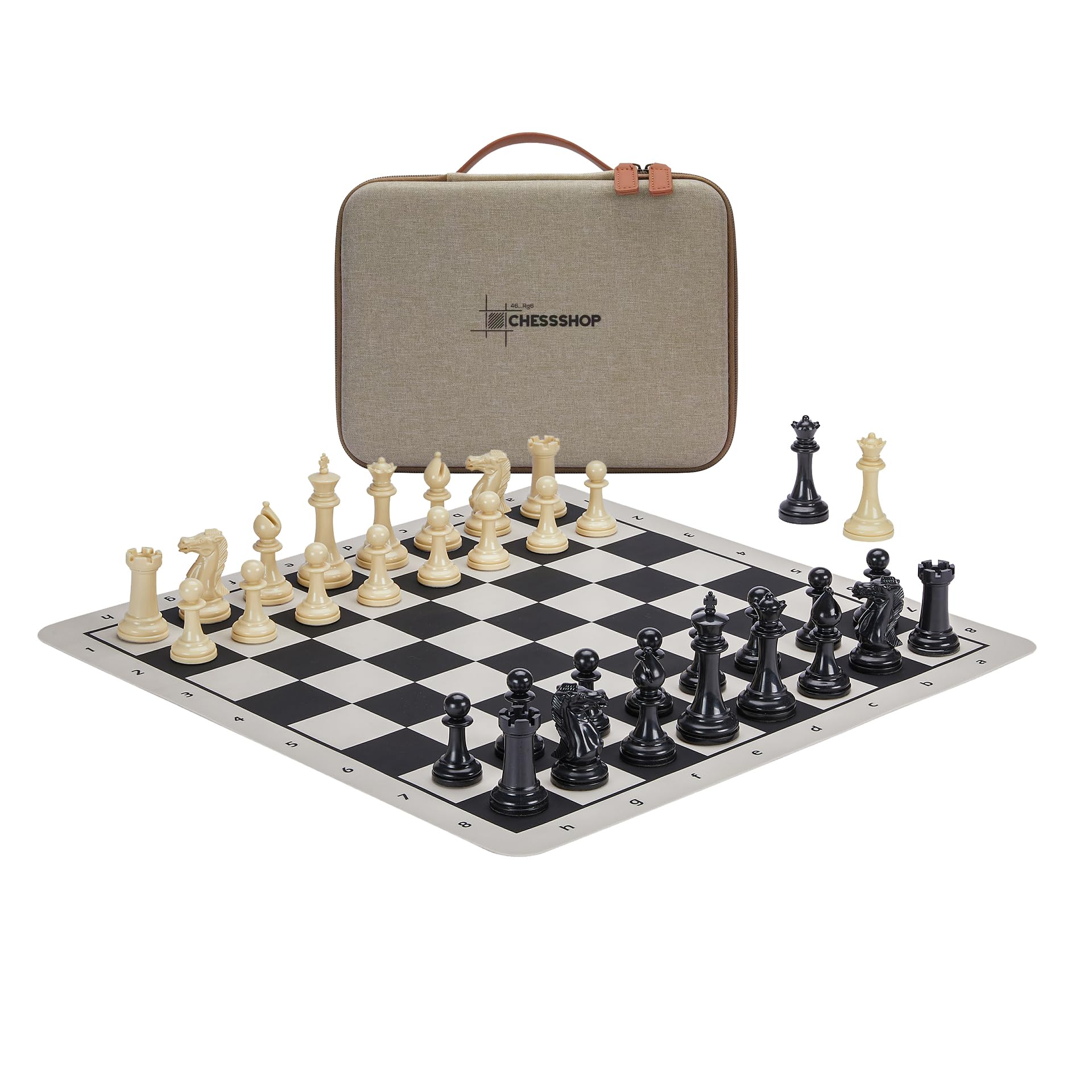 Conqueror Tournament Travel Chess Set 18''x18'' Foldable Silicone Chess Board / 3.5'' King Height Plastic Double Weighted Classic Staunton (Black and White Chessboard)