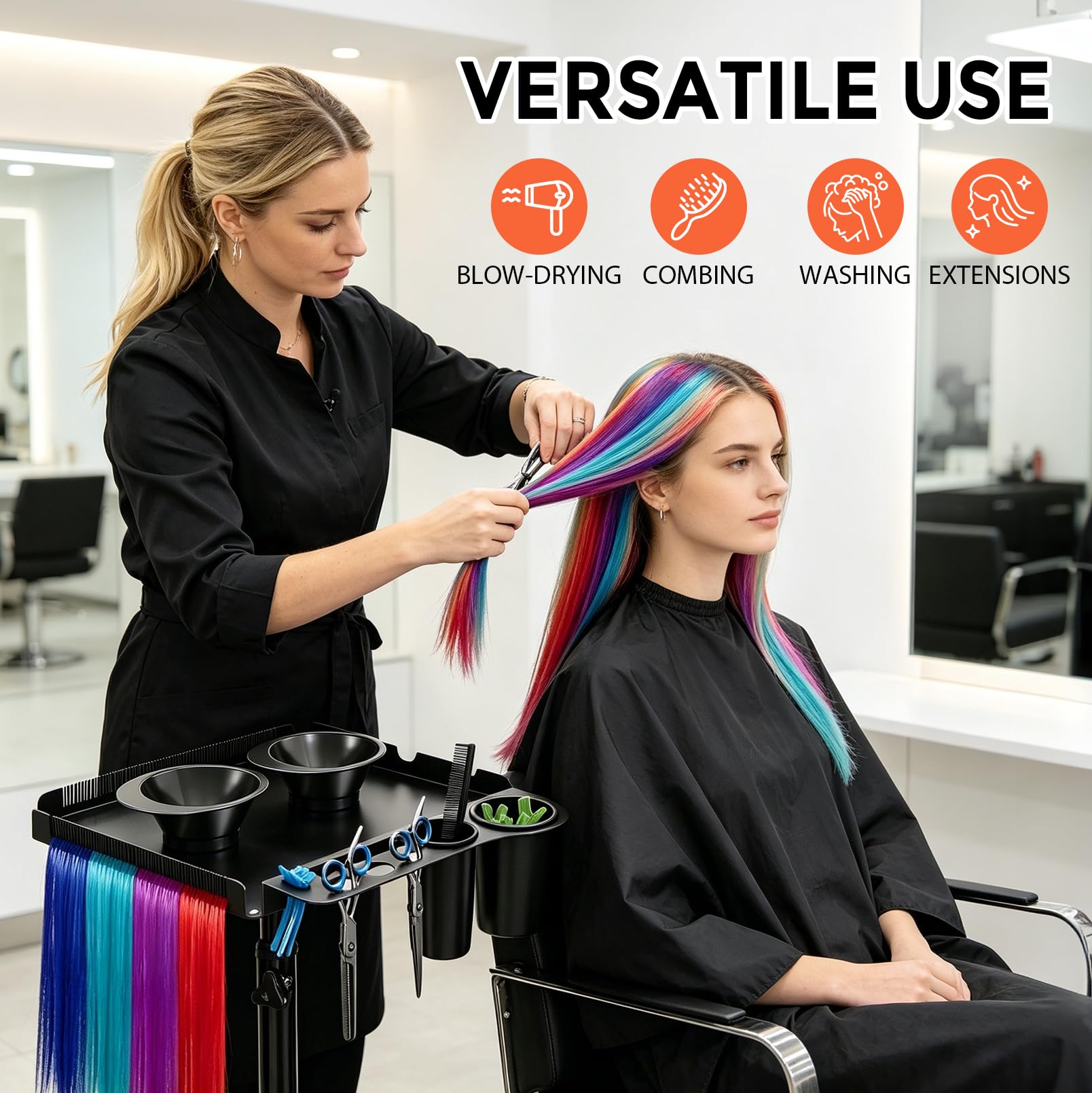 Mobiler Friseurwagen, Salon Rollwagen mit Ablagefläche, Friseurwagen | Salon Trolley mit 2 Magnetischen Schüsseln, Höhenverstellbarer, Mit Haartrennständer, Salon-Tablettwagen für Friseur Salons