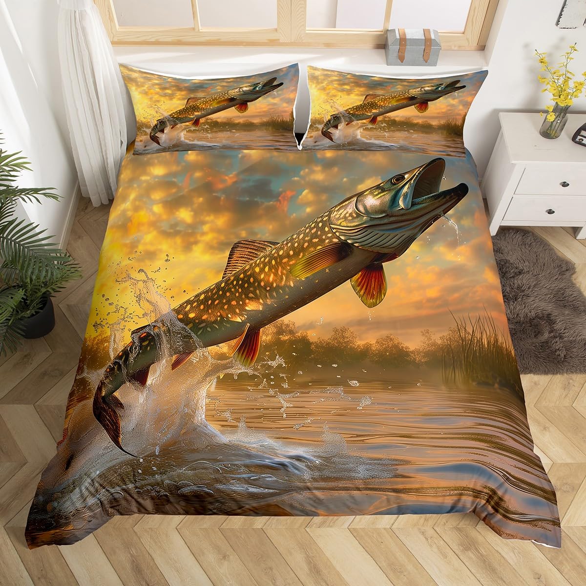 Housse de couette poisson 240x260 parure de lit nature jaune avec taies