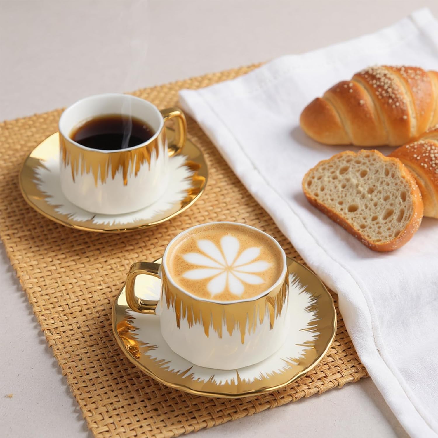 Coffee Cup Set of 6 with Saucers, 3.5 OZ Ceramic Espresso Cups Set, Gold Trim Turkish Coffee Cup Gift for Cappuccino, Latte, Cafe Mocha and Tea, Dishwasher & Microwave Safe