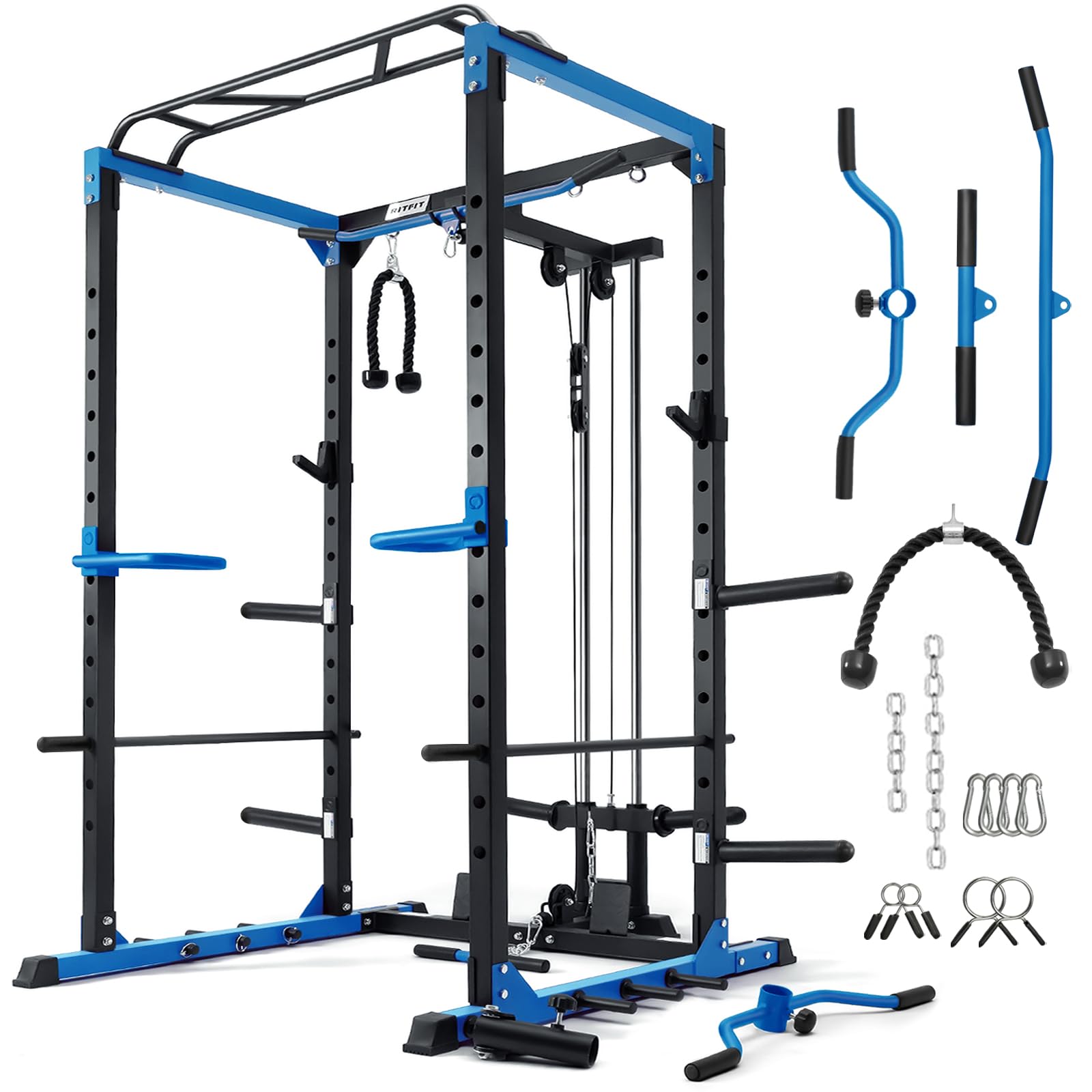 RitFit All-in-One Squat Rack for Home Gym, PPC02C Multi-Function 1000 LBS Capacity Power Cage with LAT Pulldown, Pulley System, Dip Bar, Landmine & More Power Rack Attachments, Package